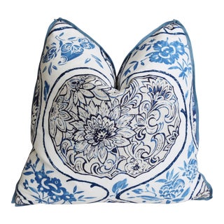 Schumacher Katsugi Blue & White Floral Chinoiserie Feather/Down Pillow 20" Square For Sale