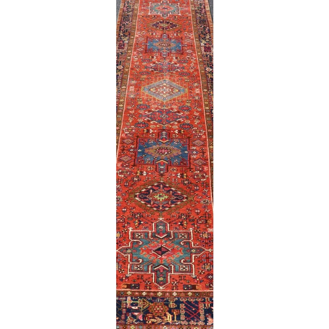 Antique Hand Knotted Geometric Persian Long Heriz Runner in Red, Blue and Teal 3'4 X 14'4 For Sale - Image 12 of 14