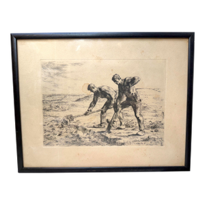Original Antique Mid 19th Century Jean-François Millet the Diggers Etching Print