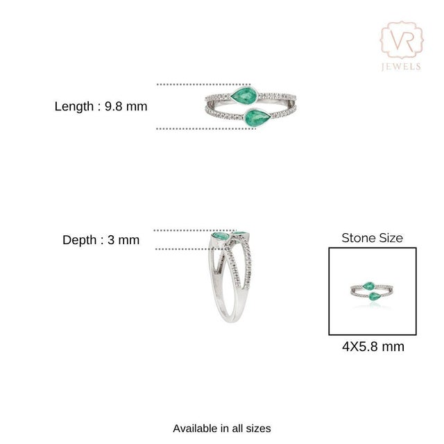 14k White Gold Double Band Ring With Pear Shape Natural Emeralds & Diamonds Size 4 For Sale - Image 11 of 15