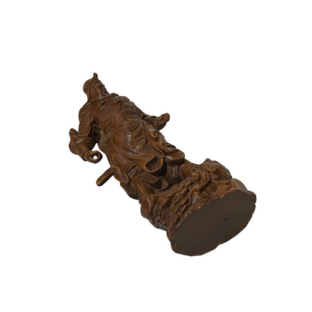 Brown Carved Wood General Guan Yu Warrior Dragon Armor Figurine Sculpture For Sale - Image 8 of 10