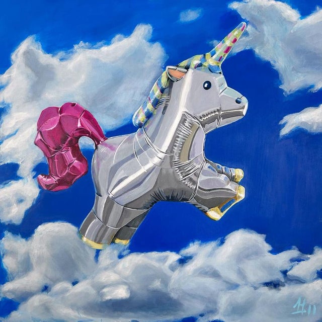 Sofía Cristina Jiménez, Silver Inflatable Unicorn in a Blue Sky Cloud Landscape, Acrylic Painting, 2024 For Sale - Image 9 of 9