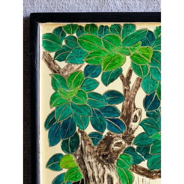 Chinoiserie Vintage Mid 20th Century Signed Chinese Enamel Painting of Scenic Lake Scene With Herons on Lacquered Board and Frame For Sale - Image 3 of 12