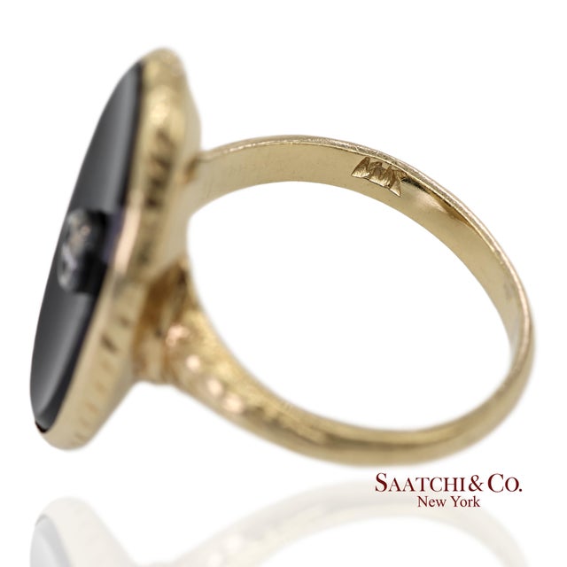 Black 14k Solid Yellow Gold Oval Black Onyx and Diamond Ring, Size 4.5 For Sale - Image 8 of 12