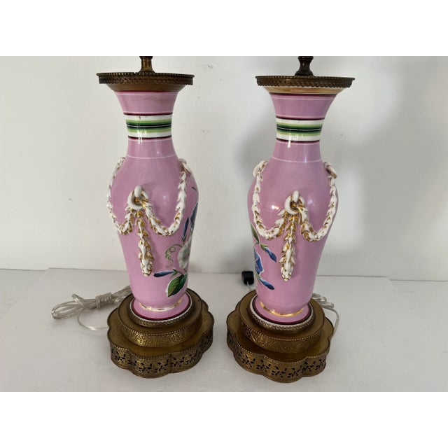 Pink 1940s French Floral Urn Lamps & Shades - A Pair For Sale - Image 8 of 10
