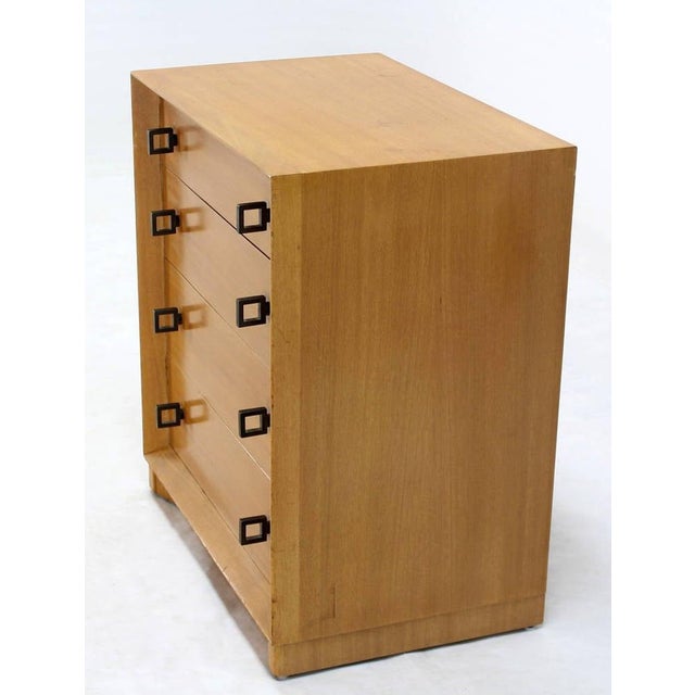 Very nice pair of vintage mid century modern design bachelor chests with heavy geometrical solid brass pulls. Both chests...