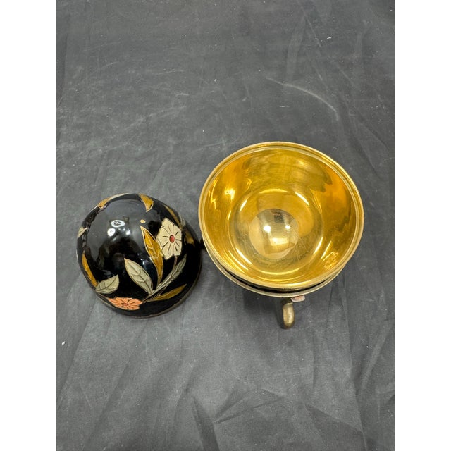 Vintage Black Gold Orange Cloisonné Brass Enamel Floral Egg Trinket Box 6 In For Sale In New York - Image 6 of 11