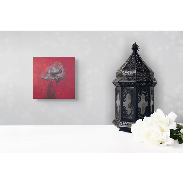 Totem Animal by Elena Burykina | Oil on panel Bronze totem animal head on a red background. For Sale - Image 4 of 5