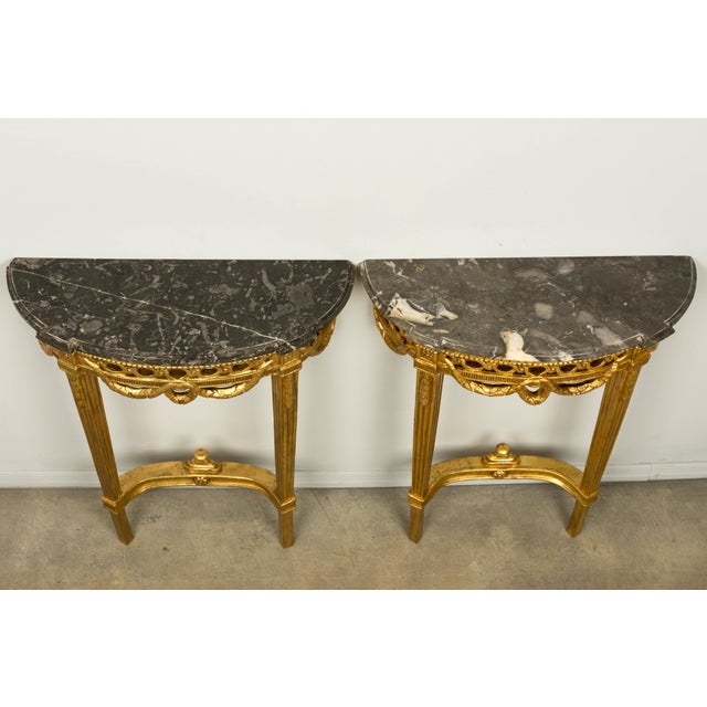 Pair of 18th Century French Louis XVI Giltwood Demilune Tables For Sale - Image 4 of 18