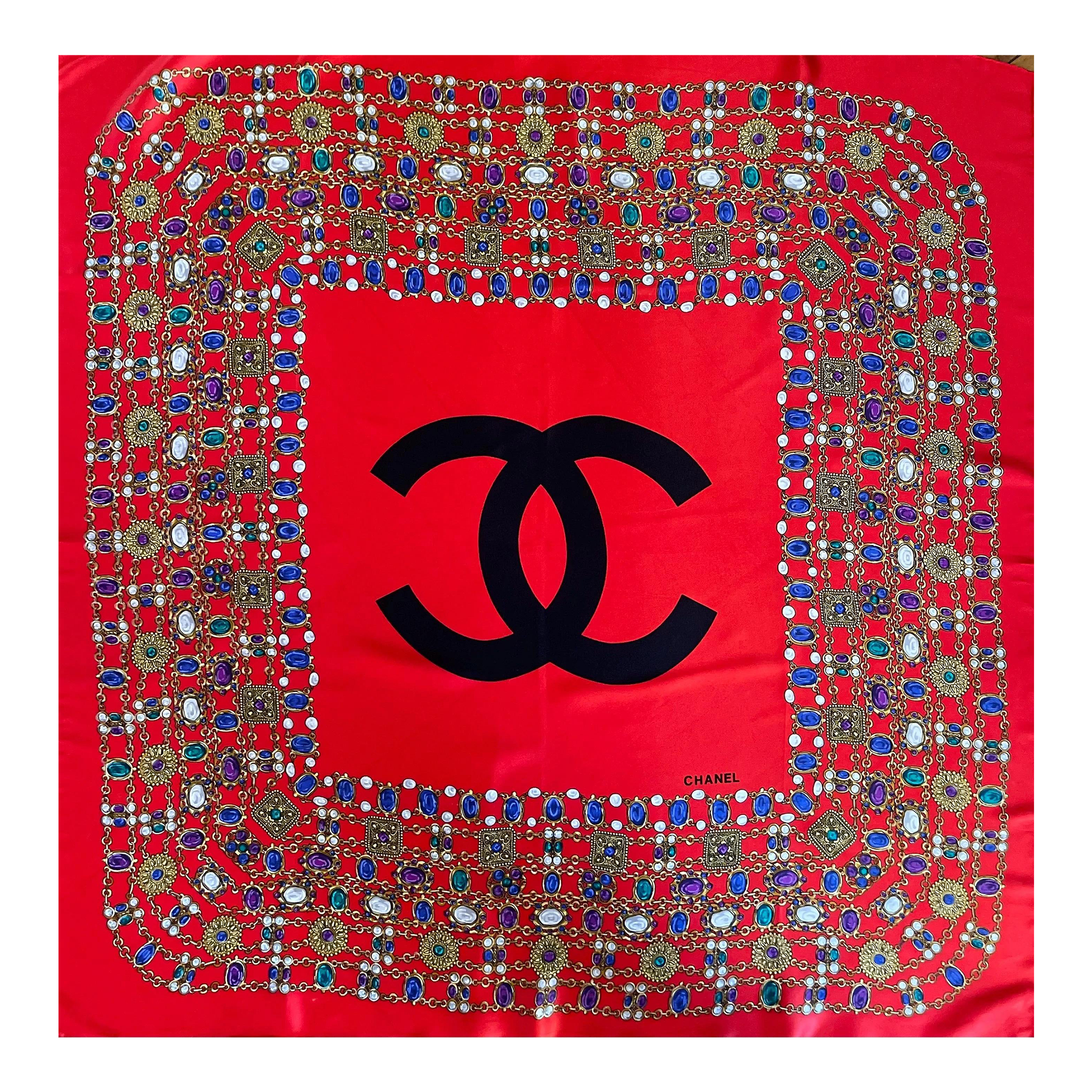 Chanel Silk Scarf Red Gripoix | Chairish