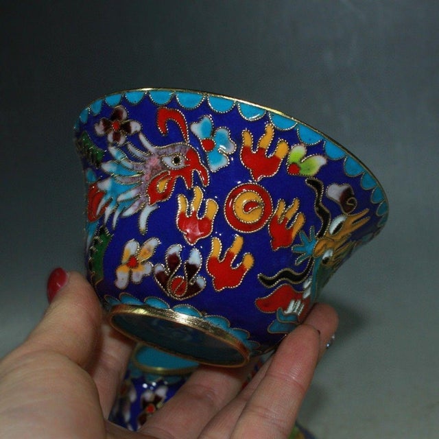 Turquoise Vintage Cloisonne Enamel Tea Bowls – 3.9" Dragon & Phoenix Cups - Pair For Sale - Image 8 of 9
