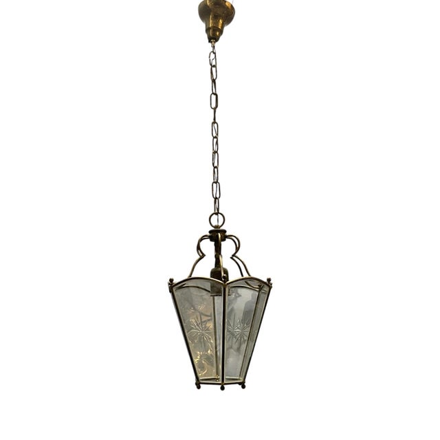 Vintage Brass Etched Glass Latern Pendant Light, 1950s For Sale - Image 9 of 9