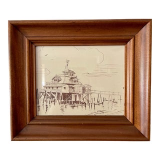 Mid 20th Century Gulfcoast Pier Scene Drawing by Joe Moran For Sale