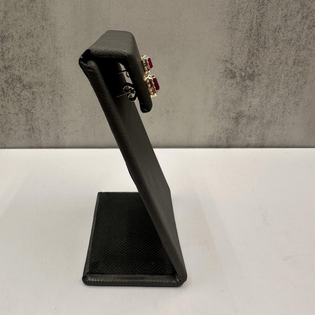 Contemporary Ruby and Diamond Halo Studs in 14kt Yellow Gold – New, Push Backs, A Pair For Sale - Image 3 of 5