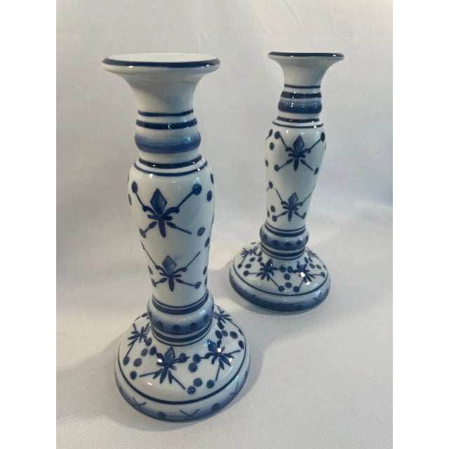 French Country 1990s French Style Blue and White Ceramic Candlestick Holders - a Pair For Sale - Image 3 of 12