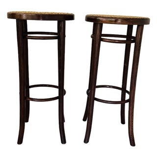 Pair of Vintage Thonet Style Bentwood and Straw Barstools For Sale