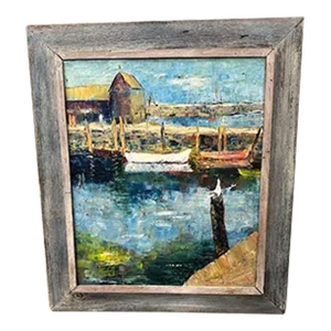 Mid 20th Century Harbor Scene With Wharfs, Boats and Buildings Signed Eve Dawson Acrylic Painting on Canvas, Framed