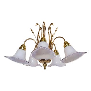 Mid 20th Century Art Deco Brass Swans & Cattails Murano Calla Lily Chandelier Attributed to Franco Luce For Sale
