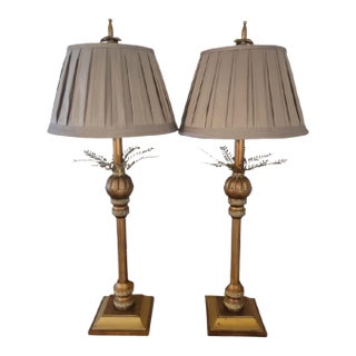 Vintage Gold Gilt Hollywood Regency Palm Frond Pleated Shades Table Lamps- A Pair For Sale