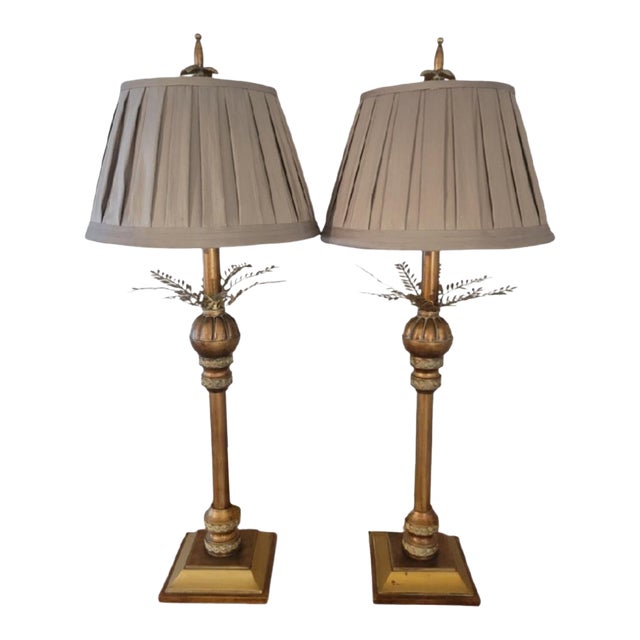 Vintage Gold Gilt Hollywood Regency Palm Frond Pleated Shades Table Lamps- A Pair For Sale