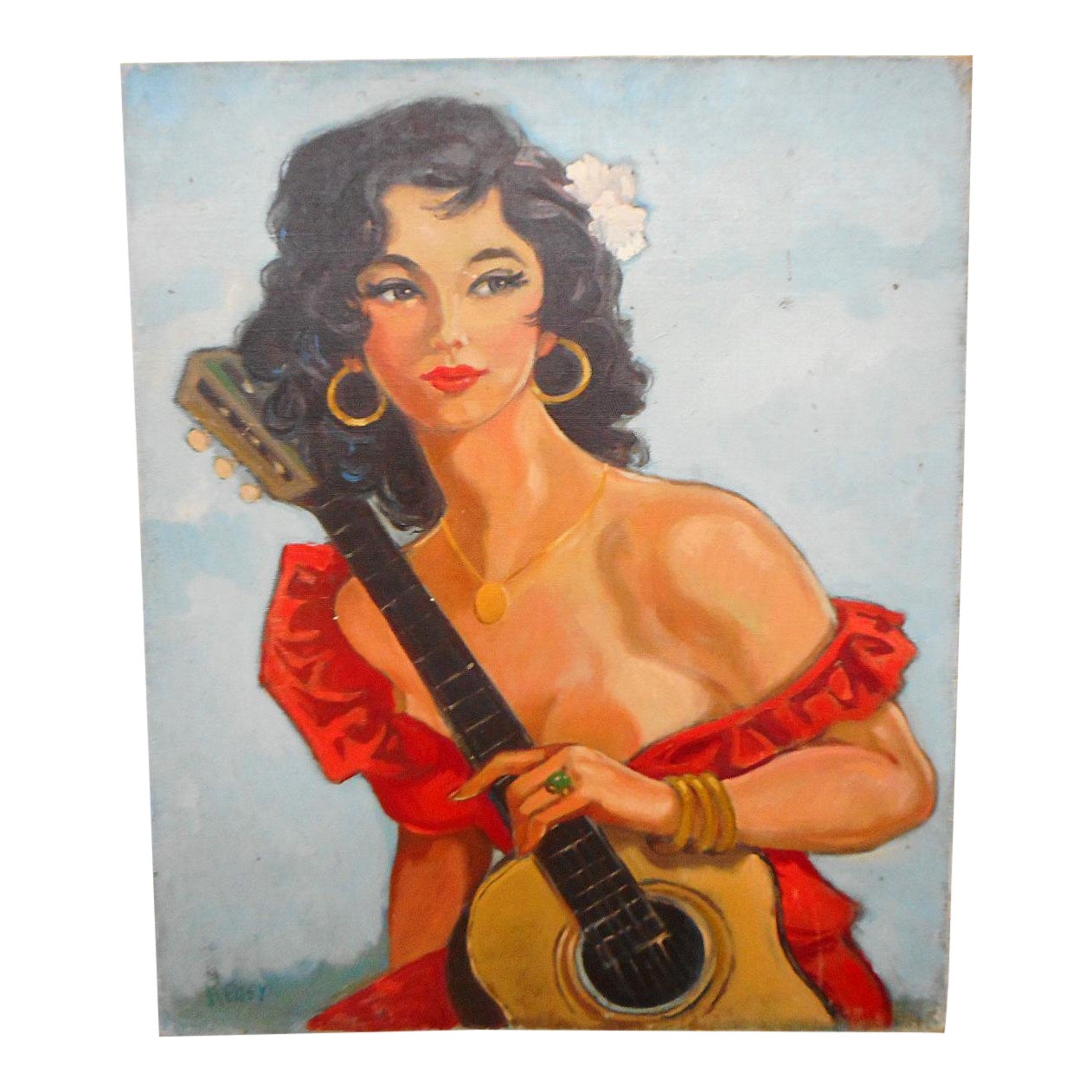 French Lady With Guitar Signed Oil On Canvas Chairish