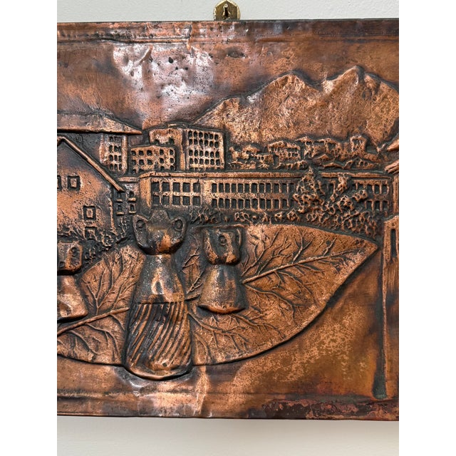 Vintage Rustic European Village Scene Copper Relief Repousse Wall Plaque For Sale - Image 10 of 15