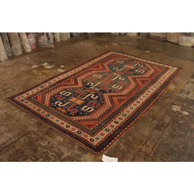 Tribal Hand-Knotted Antique Kasai Rug Red Orange and Beige Geometric Tribal Pattern For Sale - Image 3 of 8