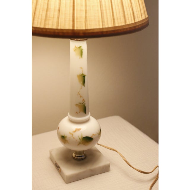 Mid-Century Modern Mid Century Italian Marble & Hand-Painted Blown Milk Glass Table Lamps With Original Shades - A Pair For Sale - Image 3 of 12