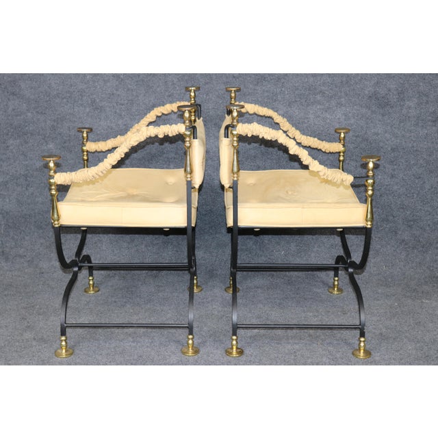 Mid 20th Century 1940's Pair Italian Brass and Steel Jansen Style Savonarola Armchairs For Sale - Image 5 of 16