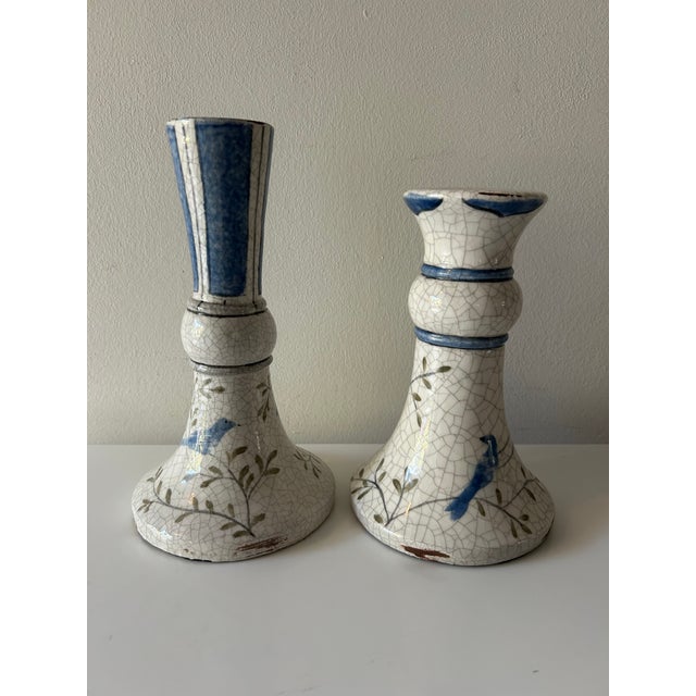 Pottery Barn 1990s Pair of Hand Painted Terracotta Candlesticks-Birds & Branches Motif For Sale - Image 4 of 10
