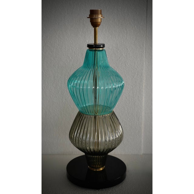 Mid-Century Round Aqua Blue and Smoky Murano Art Glass and Brass Table Lamp, 2000 For Sale - Image 9 of 10