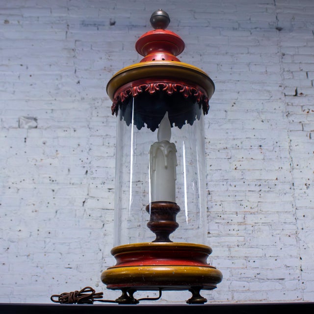 1960-1970’s Campaign Style Hurricane Lantern Table Lamp Orange & Yellow Painted Metal Frame & Brass Accents For Sale - Image 18 of 18
