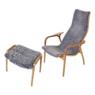 Set of Vintage Grey Sheepskin Lamino Lounge Chair and Ottoman by Yngve Ekström for Swedese For Sale