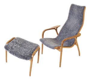 Set of Vintage Grey Sheepskin Lamino Lounge Chair and Ottoman by Yngve Ekström for Swedese