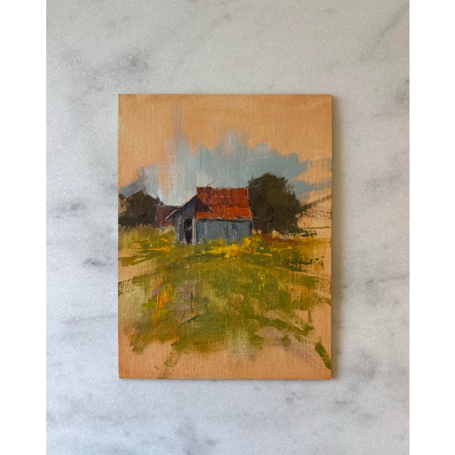 Oil and wood panel painting depicting a weathered barn structure in a wide grassy field by Austin-based landscape artist...