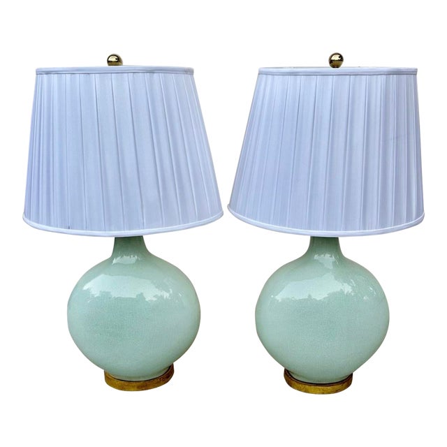 Mid 20th Century F. Schumacher & Co. Large Celadon Green Porcelain Table Lamps - a Pair For Sale