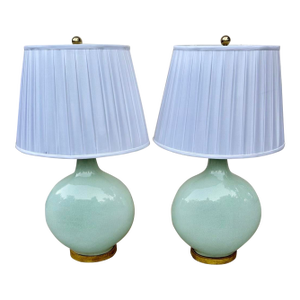 Mid 20th Century F. Schumacher & Co. Large Celadon Green Porcelain Table Lamps - a Pair