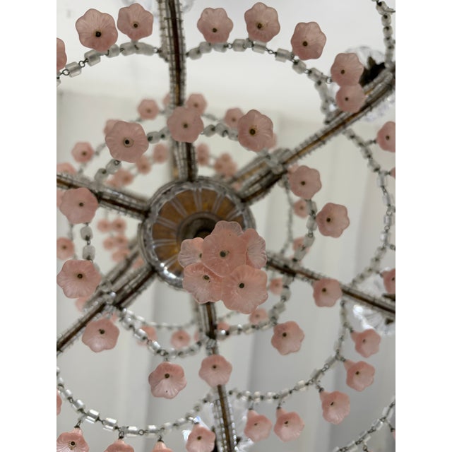 French Beaded Pink Murano Flower Bells Chandelier, Circa 1930 Extremely Rare For Sale - Image 4 of 6