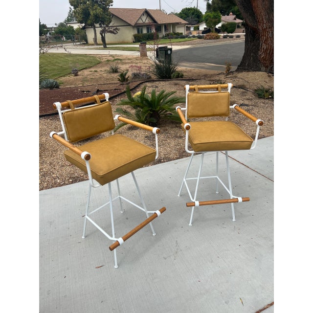 1960s Vintage Mid Century Modern Inca Attributed to Cleo Baldon Swivel Wrought Iron Oak Barstools - Set of 2 For Sale - Image 10 of 13