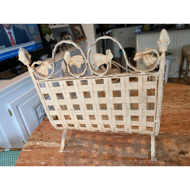 Mid 20th Century Vintage Wrought Iron Magazine Rack Painted Yellow Shabby Chic Finish For Sale - Image 5 of 5