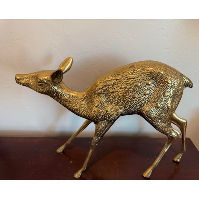 Vintage Solid Brass a Pair of Large Spotted Solid Brass Deer Statues, a Buck and a Doe Decor For Sale - Image 11 of 11