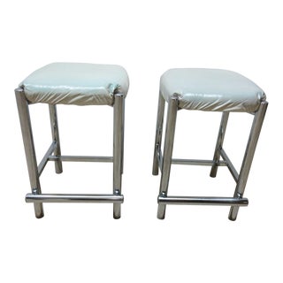 Mid-Century Cal Style Chrome Counter Bar Stools - A Pair For Sale