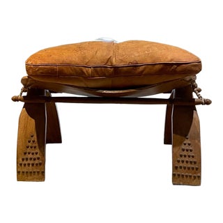 1960s Egypt Bohemian Distressed Saddle Leather Camel Foot Stool For Sale