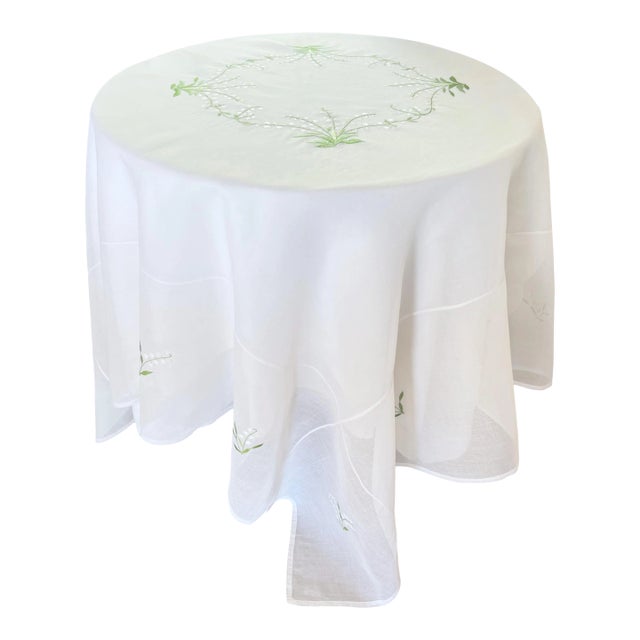70" Sq. Embroidered Organdy Lily of the Valley Tablecloth by Anke Dreschel For Sale