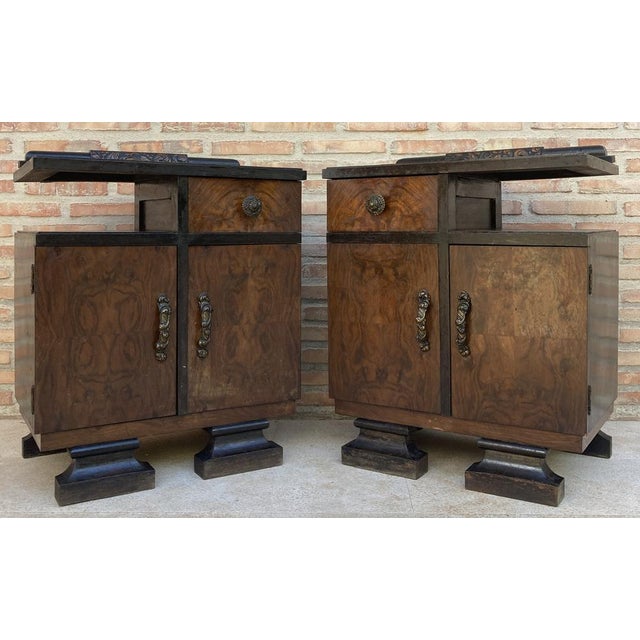 This pair of French Art Deco side cabinets from the circa 1930's could be used to flank a sofa or as nightstands. Each has...
