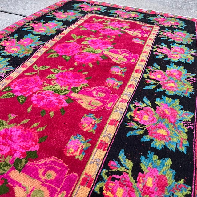 1930s Vintage Karabakh Rug Caucasian Handwoven Wool on Cotton Foundation pinkVibrant Floral Rug - 4’9x9’9 For Sale - Image 9 of 12