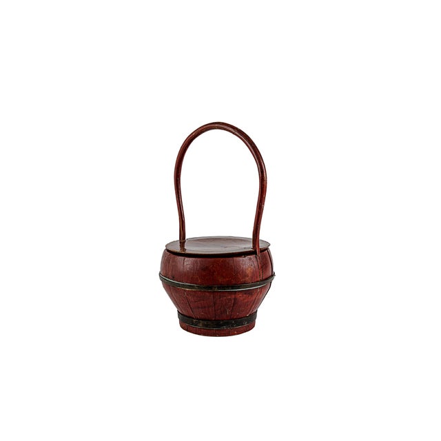 Chinese Antique Dark Wooden Chinese Wedding Basket in Red Lacquer With Floral Painted Lid For Sale - Image 3 of 10