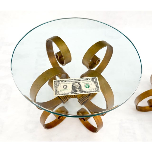 Chanel Pair Italian Think 3/4" Glass Top Gold Gilt Scrolls Shape Bases End Tables Stand For Sale - Image 4 of 12