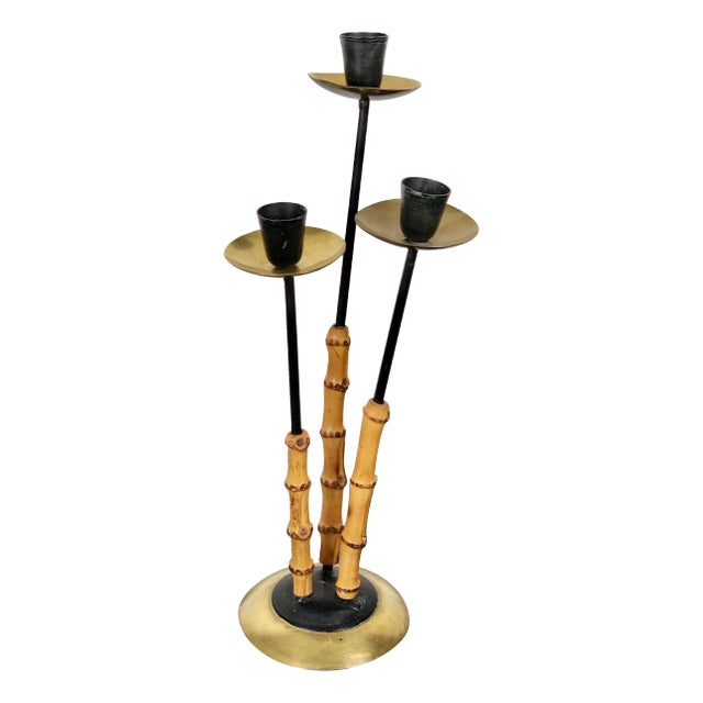 Bamboo & Brass Candleholder, Italy, 1970s For Sale