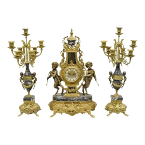 Vintage French Louis XV Style Brevetatto Italy Brass & Marble Figural Clock Set - 3 Pieces
